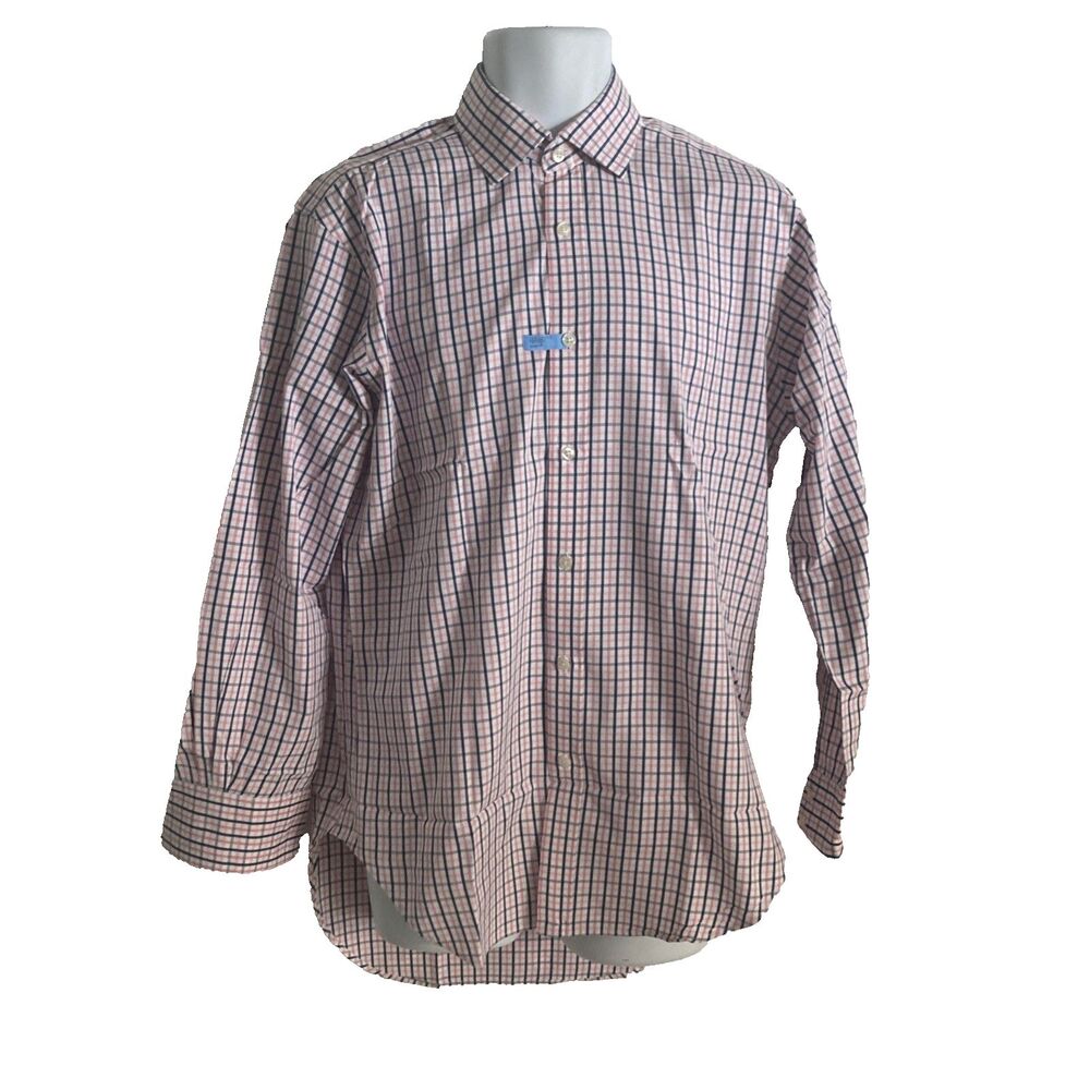 T. M. Lewin Mens Regular Fit Lewin 100 Dress Shirt 15.5 33 Pink White Blue Plaid